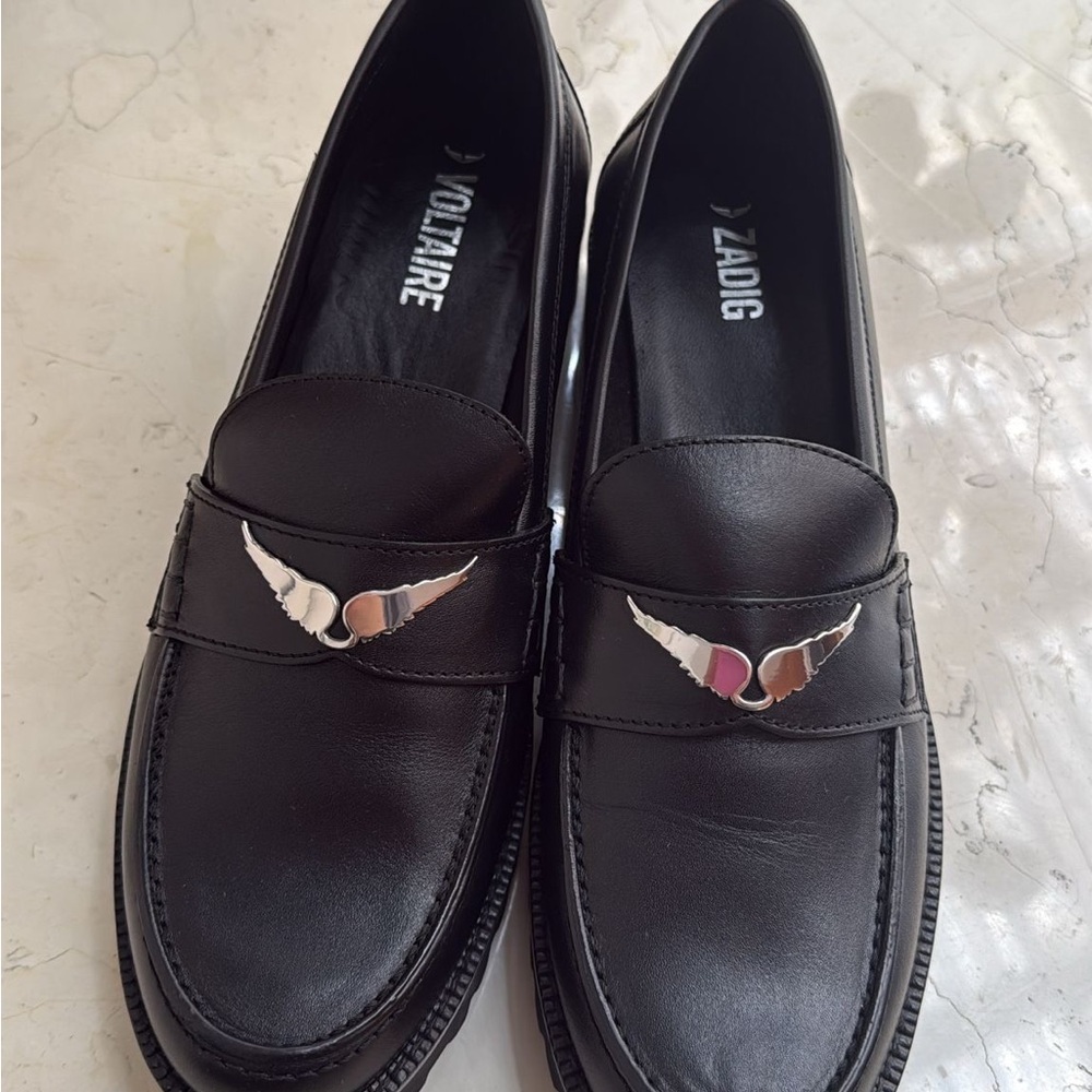 Zadig & Voltaire Black Leather Loafers with Silver Accent